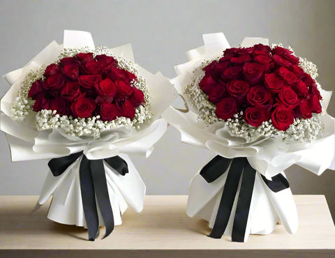 Valentine's Red Roses with Babies Breath